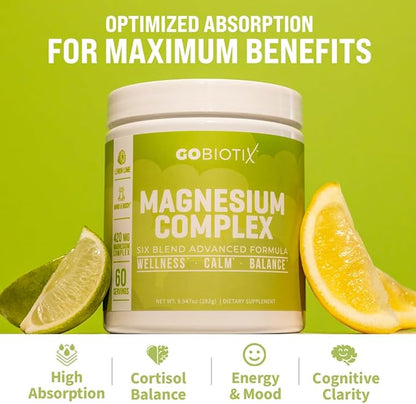 GoBiotix Magnesium Glycinate Powder – Cortisol Supplement for Women and Men – High Absorption Magnesium Complex Calm Supplement with Citrate, Malate – Sugar Free – 420 mg, 60 Servings, Lemon Lime
