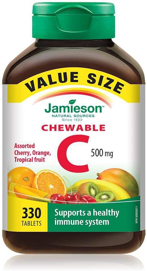 Jamieson Chewable Vitamin C Assorted Cherry, Orange, Tropical Fruit, 500mg , 330 Delicious chewable