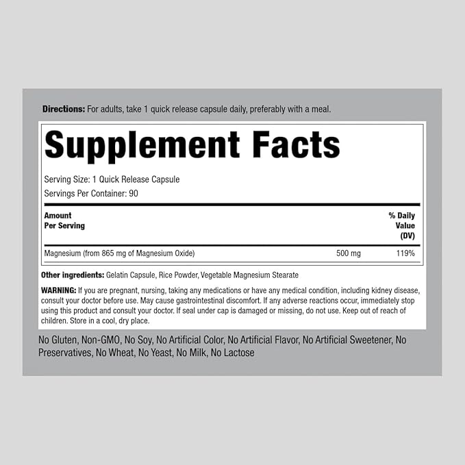 Piping Rock Magnesium Oxide 500mg Capsules | 90 Count | Non-GMO, Gluten Free Supplement