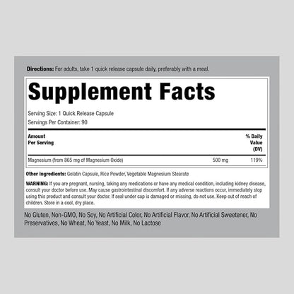Piping Rock Magnesium Oxide 500mg Capsules | 90 Count | Non-GMO, Gluten Free Supplement