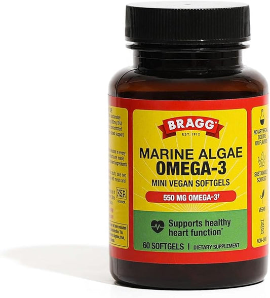 BRAGG Omega-3 Supplement Capsules with DHA and EPA - 90 Vegan Softgels - Sustainably-Sourced Marine Algae - Helps Reduce Inflammation - Supports Eye and Brain Health
