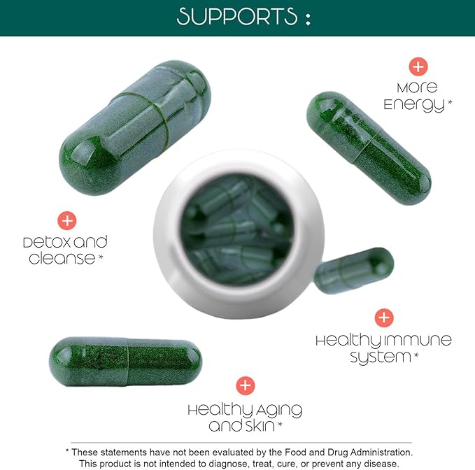 Organic Spirulina and Chlorella Capsules – 180 Chlorophyll Pills, Blue Green Algae Powder Capsules to Support Detox, Mitochondria & Energy– 3X More Chlorella Spirulina Powder/Serving