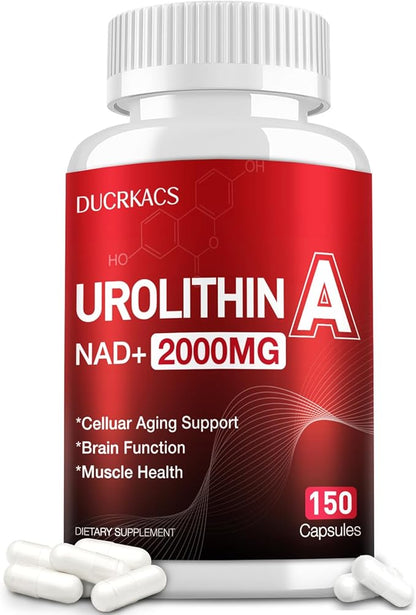 Urolithin A Supplement 2000MG for Anti-Aging, Antioxidants and Mitochondrial Support, High Purity & Potency NAD+ Supplement for Cell Regeneration, Resveratrol, Nicotinamide Riboside, 150 Capsules