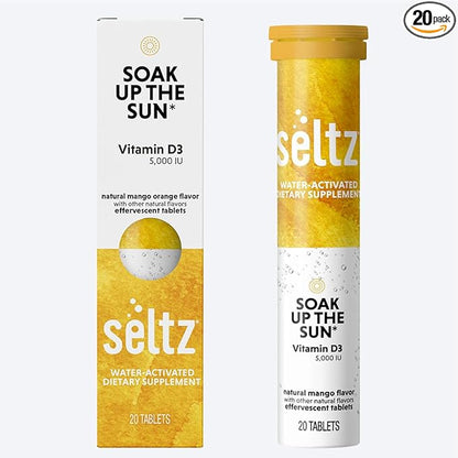 Seltz® Water-Activated Vitamins - Soak up The Sun with Vitamin D3 (5,000 IU) – Natural Mango Orange Flavor Dietary Supplement - 20 Effervescent Tablets