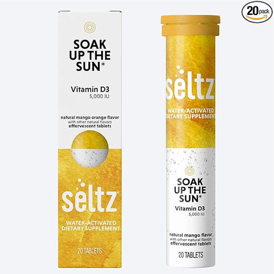 Seltz® Water-Activated Vitamins - Soak up The Sun with Vitamin D3 (5,000 IU) – Natural Mango Orange Flavor Dietary Supplement - 20 Effervescent Tablets