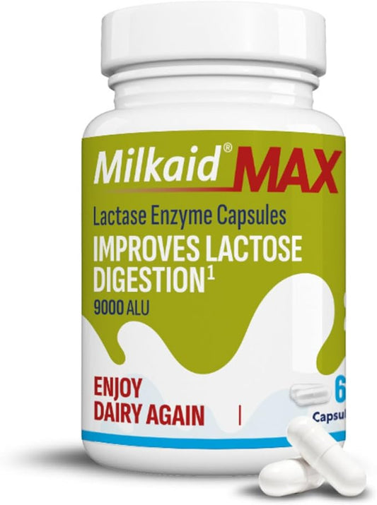 Milkaid Max Capsules for Lactose Intolerance Relief with Lactase Enzyme, Dietary Supplement to Help Prevent Gas, Bloating & Diarrhea Due to Lactose Sensitivity | 9000 ALU (60 Capsules, Unflavored)