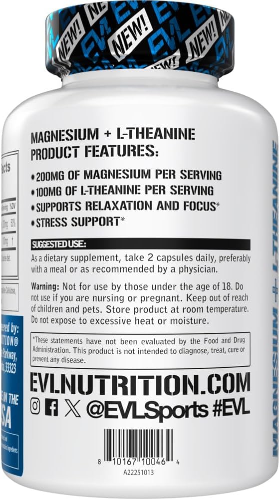 Evlution Nutrition Magnesium + L-Theanine - Natural Relaxation & Focus Support - 200mg Magnesium + 100mg L-Theanine - Vegan & Non-GMO - Dietary Supplement - 45 Servings - 90 Veggie Capsules