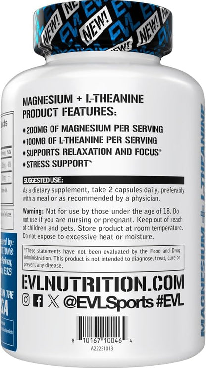 Evlution Nutrition Magnesium + L-Theanine - Natural Relaxation & Focus Support - 200mg Magnesium + 100mg L-Theanine - Vegan & Non-GMO - Dietary Supplement - 45 Servings - 90 Veggie Capsules