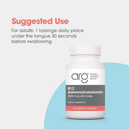 Allergy Research Group B12 Adenosylcobalamin Supplement - with Folic Acid, Vitamin B12 3000 mcg, Folate, Pure B12, Vegetarian Lozenges - 60 Count