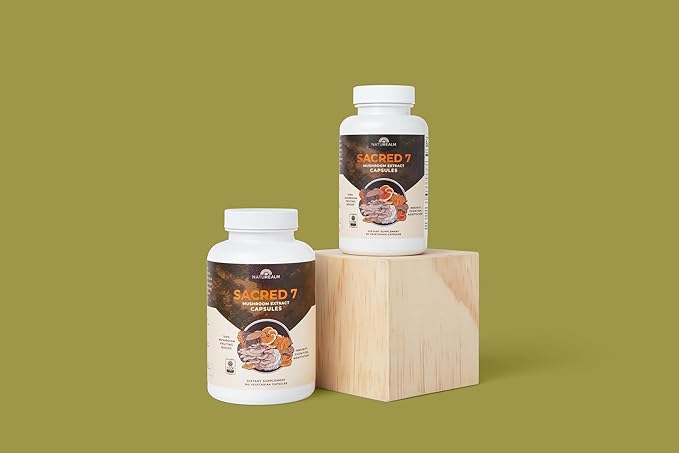 Naturealm Sacred 7 Organic Mushroom Extract Capsules - Premium 7 Mushroom Complex with Lions Mane, Reishi, Chaga - USDA Organic Immune Support & Focus - 180 Vegetarian Capsules