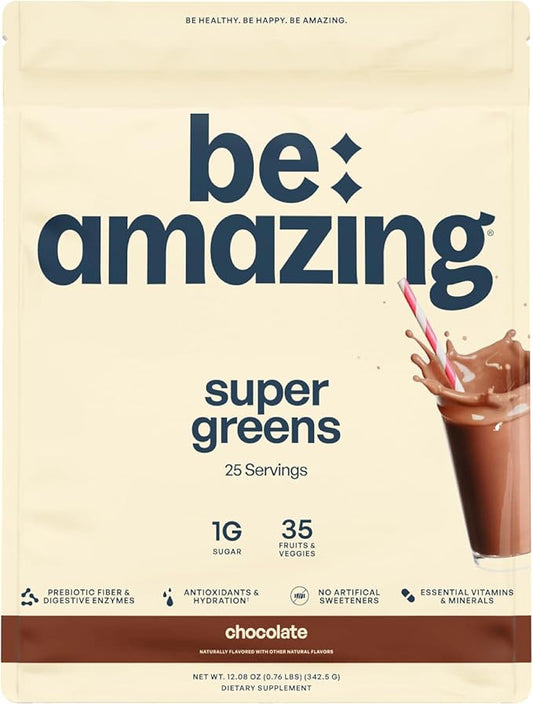 Be Amazing Super Greens Powder with Prebiotics, Digestive Enzymes & Antioxidants | Energy Supplements, 18 Fruits & 8 Veggies | Gluten-Free Juice & Smoothie Mix | Chocolate, 25 Servings