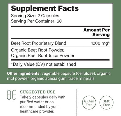 Organic Beet Root Capsules 1200 mg - Beet Root Powder & Juice Blend Supplement for High Blood Pressure and Circulation, Blood Flow Supplement for Men and Women - 120 Capsules