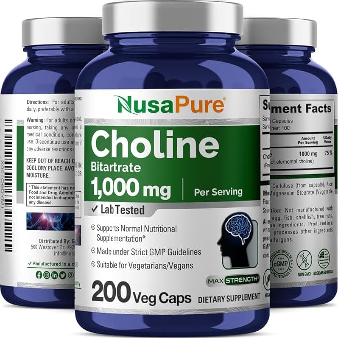 NusaPure Choline Bitartrate 1000 mg 200 Veggie Capsules (Vegetarian, Non-GMO)