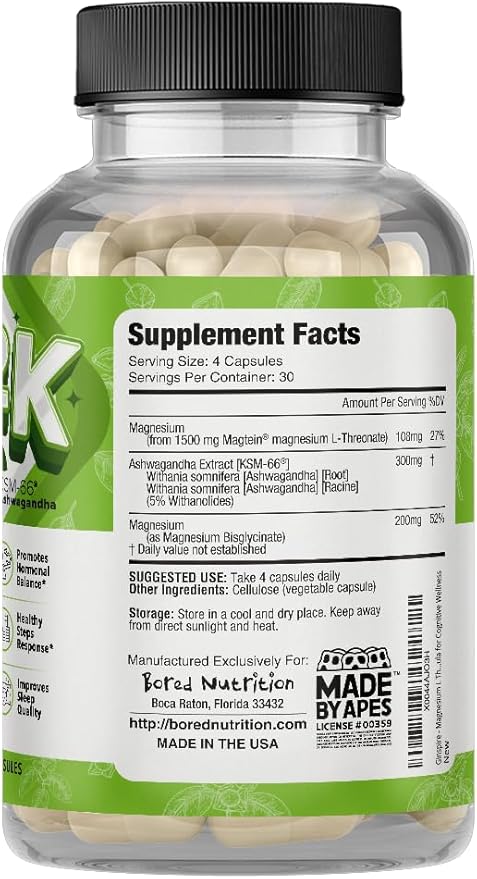 Bored Nutrition M2K: Magtein Magnesium L-threonate & Ashwagandha Supplement - 1500mg Magtein, 300mg KSM-66, Plus 200mg Magnesium