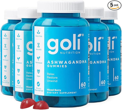 Goli Ashwagandha & Vitamin D Gummy - 300 Count - Mixed Berry, KSM-66, Vegan, Plant Based, Non-GMO, Gluten-Free & Gelatin Free Relax. Restore. Unwind, Pack of 5