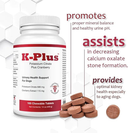 K-Plus Potassium Citrate Plus Cranberry Supplement for Dogs - UTI Remedy Chewable Tablets - Supports Bladder Health - For Every Dog Breed (100 Tabs)