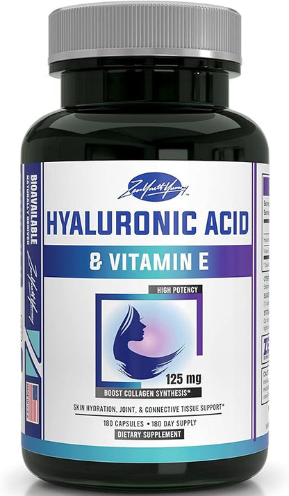 zyy Hyaluronic Acid Supplements with Vitamin E - Daily Anti Aging Beauty Supplement for Healthy Skin, Hair and Eyes, Supports Joint Lubrication & Immune System - No-GMO & Gluten-Free - 180 Capsules