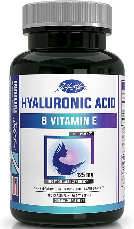 zyy Hyaluronic Acid Supplements with Vitamin E - Daily Anti Aging Beauty Supplement for Healthy Skin, Hair and Eyes, Supports Joint Lubrication & Immune System - No-GMO & Gluten-Free - 180 Capsules