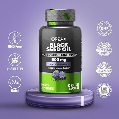 ORZAX Black Seed Oil Cold Pressed 100% Pure | Non-GMO - Rich in Omega 3 6 9 & Thymoquinone | Black Cumin Nigella Sativa Oil for Immune Support, Hair, Skin, Face (500 mg - 60 Softgel Capsules)