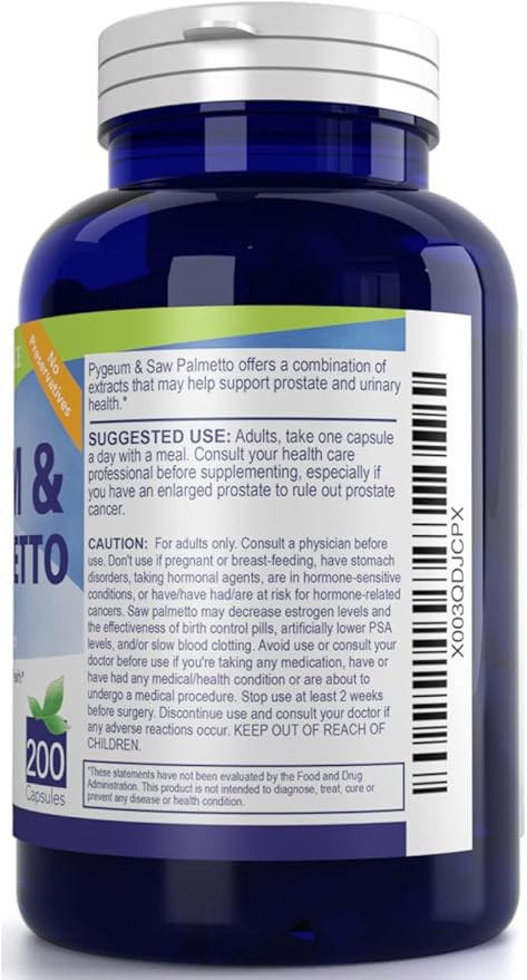 Pygeum and Saw Palmetto 200 Capsules - 100mg Pygeum & 320mg Saw Palmetto - Men’s Health - Prostate & Urinary Health Supplement