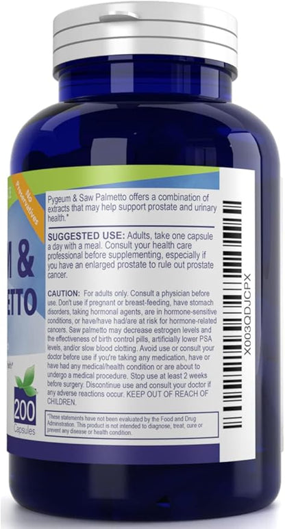Pygeum and Saw Palmetto 200 Capsules - 100mg Pygeum & 320mg Saw Palmetto - Men’s Health - Prostate & Urinary Health Supplement