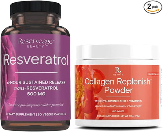 Reserveage Resveratrol & Collagen Replenish Powder - Resveratrol & Collagen Supplement with Hyaluronic Acid and Vitamin C - 60 Resveratrol Capsules, 2.75-Ounce Collagen Powder