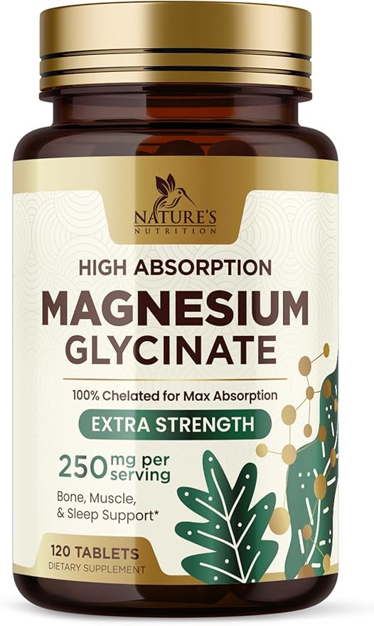 Magnesium Glycinate 250 mg, 100% Chelated Magnesium Supplement - High Absorption Magnesium for Muscle, Heart, Bone and Nerve Health Support, Nature's Gluten Free, Vegan, Non-GMO Capsules - 120 Count