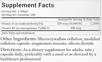 Vitamin D3 K2 Softgel, D3 K2 Vitamin 10000 IU, 10000 IU VIT D3 + 200 MCG Vitamin K2, Free of GMO, Gluten, Soy, Bone Health, Supports Calcium Absorption, 300 Gels