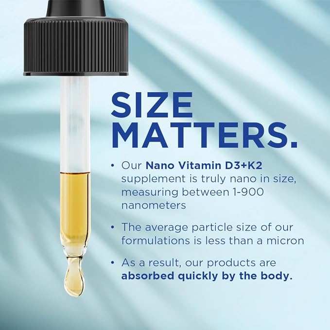 Nano Vitamin D3+K2 Nanosized Liquid Particles | Rapid Absorption | 5000 IU Potent Formulation - 1Fl Oz | Non-GMO, Gluten Free | Supports Bone, Joint, Heart & Immune Health