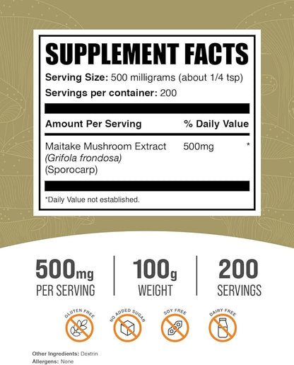 BulkSupplements.com Maitake Mushroom Extract Powder - Superfood Supplement, Maitake Mushroom Supplement - Gluten Free, 500mg per Serving, 100g (3.5 oz) (Pack of 1)