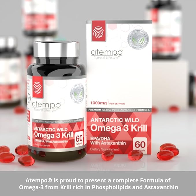 Antarctic Krill Oil 1000mg Rich in Omega 3 Healthy Fatty Acid Extra Strength EPA & DHA with Natural Astaxanthin, Heart & Brain Health, Superior Absorption 60 Small softgels. No Aftertaste or Reflux