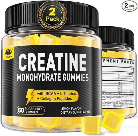 Men's & Women's Creatine Monohydrate Gummies Complex, 6-in-1 Chewable Pre-Workout Creatine with BCAA, Collagen Peptides, L-Taurine, 30 Servings, Natural Lemon Flavor - 60 Count (Pack of 2)