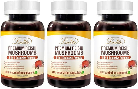 Lovita Mushroom Supplement, 8 in 1 Mushroom Complex, Lion’s Mane, Cordyceps CS-4, Reishi Spores, Turkey Tail, Maitake, Natural Energy, Memory Support & Immune Support. 100 Vegan Capsules (Pack of 3)