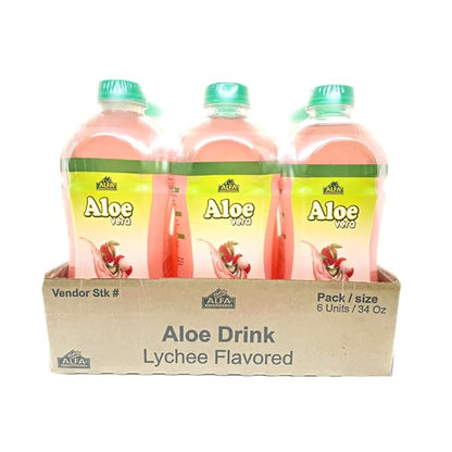 ALFA VITAMINS Aloe Vera Drink Original Flavor - Natural Pulp - 34 Ounce - 6 Pack (Lychee)