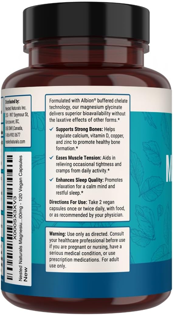 Nested Naturals Magnesium Glycinate Chelate - 200mg Chelated Magnesium Supplement for Muscle Cramps, Relaxation, & Sleep Support - 100% Albion TRACCS Buffered Magnesium Glycinate - 120 Vegan Capsules