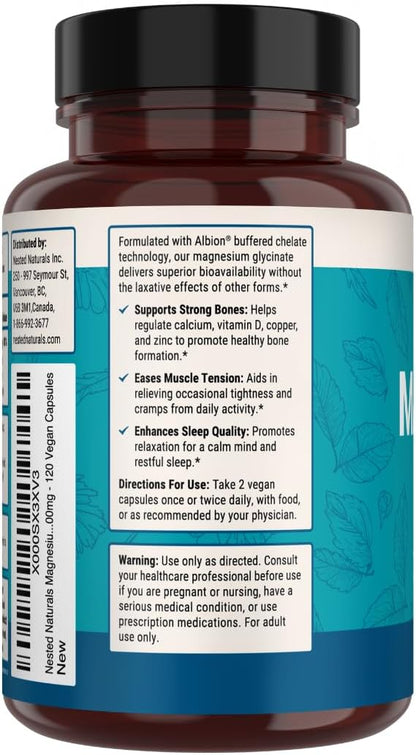 Nested Naturals Magnesium Glycinate Chelate - 200mg Chelated Magnesium Supplement for Muscle Cramps, Relaxation, & Sleep Support - 100% Albion TRACCS Buffered Magnesium Glycinate - 120 Vegan Capsules