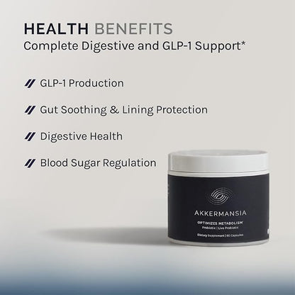 Akkermansia Muciniphila, 60 Capsules (60 Day Supply), Gut Health Support for Women & Men, Probiotic with Prebiotic Fiber, Increases GLP-1 Production, Delayed Release, 500M AFU Live Strain