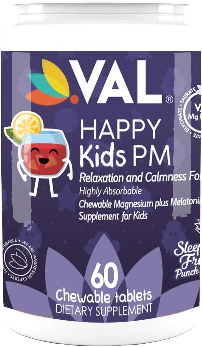 VAL Sugar-Free Calm Magnesium for Kids PM Chewable Tablets | Magnesium Glycinate, Citrate & Taurate | Melatonin & Vitamins B6 & C | Bedtime Support | Non-GMO | Blueberry Yogurt Flavor | 60 Count