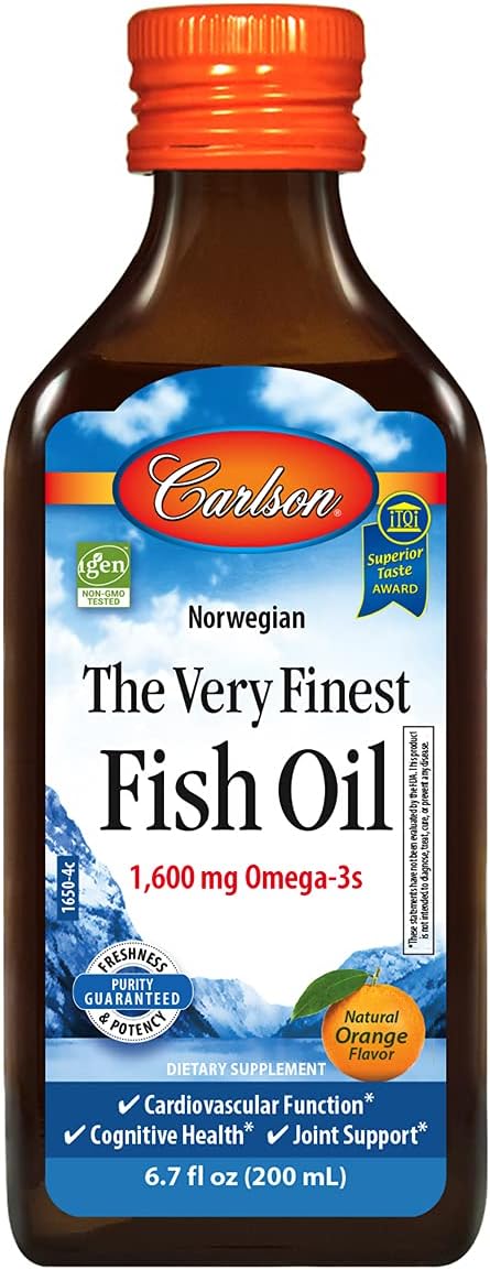 Carlson - The Very Finest Fish Oil, 1600 mg Omega-3s, Liquid Fish Oil Supplement, Norwegian Fish Oil, Wild-Caught, Sustainably Sourced Fish Oil Liquid, Orange, 6.7 Fl Oz