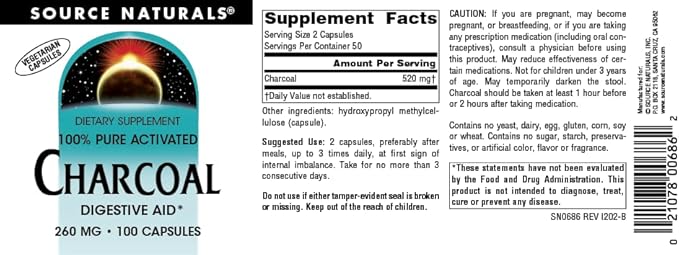Source Naturals Charcoal - 100% Pure Activated, Digestive Aid - 100 Capsules