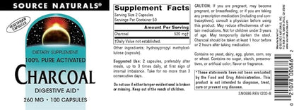 Source Naturals Charcoal - 100% Pure Activated, Digestive Aid - 100 Capsules