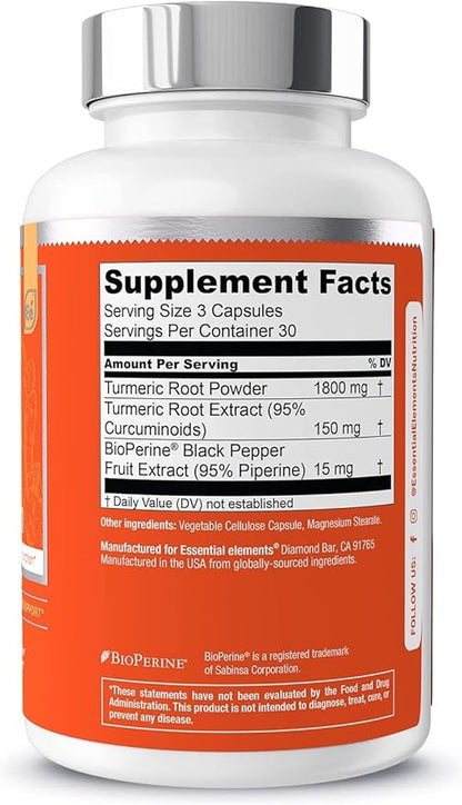 Essential Elements Turmeric Curcumin - Joint, Heart & Brain Support - with Bioperine for Increased Absorption 1950 mg - 90 Capsules