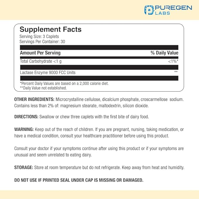 Puregen Labs Dairy Relief Natural Fast Acting Lactase Enzyme 3000 FCC, Lactose Intolerance Pills | 3 Pack - 270 Caplets Total