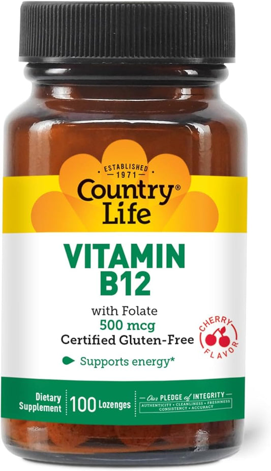 Country Life Vitamin B12 with Folate, Supports Energy & Red Blood Cell Production, 500mcg, 100 Lozenges, Certified Gluten Free, Certified Vegan, Certified Halal, Non-GMO Verified