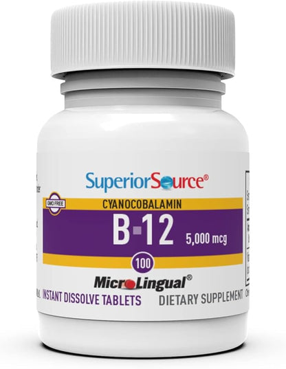 Superior Source No Shot Vitamin B-12 Cyanocobalamin 5000 mcg - Vitamin B-12 to Support Energy Production, Brain Health & Overall Wellness - Sublingual Tablets - 100 Dissolvable Tablets