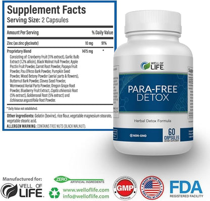 Well of Life para-Free Detox: Immune Support & Natural Detox Blend with Zinc, Black Walnut, Wormwood, Goldenseal, Cranberry & Garlic. Synergistic Formula for Overall Wellness: 60 V Capsules