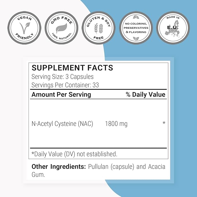 SuperSmart - N-Acetyl Cysteine 1800mg per Day (High Absorption) - NAC Supplement - High Potency Antioxidants Amino Acids - Glutathione Precursor | Non-GMO & Gluten Free - 100 Vegetarian Capsules