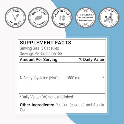SuperSmart - N-Acetyl Cysteine 1800mg per Day (High Absorption) - NAC Supplement - High Potency Antioxidants Amino Acids - Glutathione Precursor | Non-GMO & Gluten Free - 100 Vegetarian Capsules