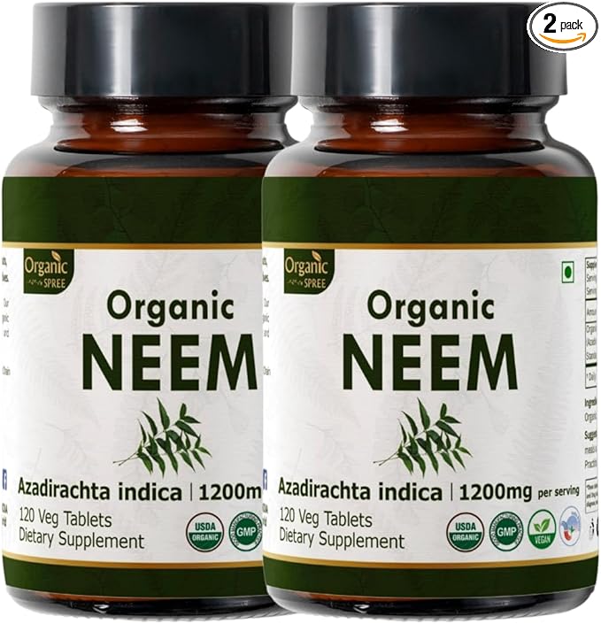 NEEM 120 Tablets | Azadirachta Indica (Neem) | USDA Organic Certified | Healthy Skin and Detox | Organic and Natural 120tab - Pack of 2