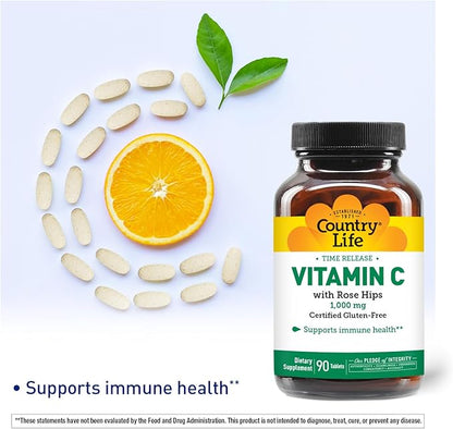 Country Life Vitamin C 1000mg with Rose HIPS – Time Release Immune Support Supplement – Antioxidant Protection – Vegan, Gluten-Free, Preservative-Free – 90 Tablets